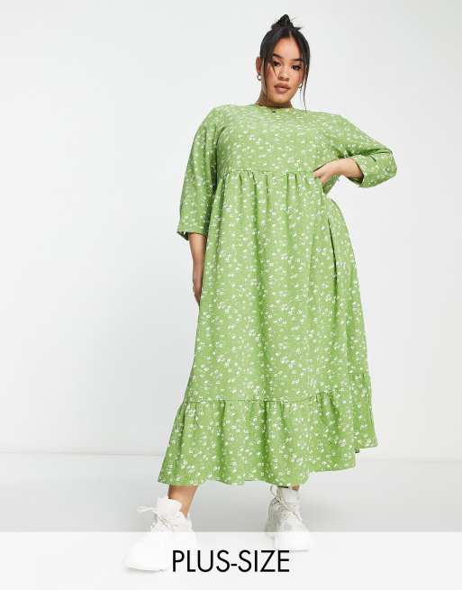 Glamorous Curve - Maxi-smockjurk met lange mouwen in groen met witte bloemenprint