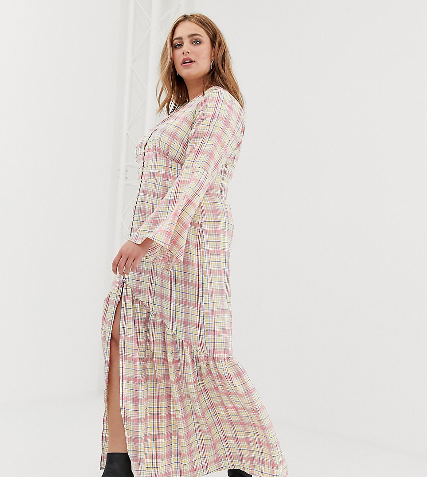 Glamorous Curve maxi tea dress with button front in grid check-White