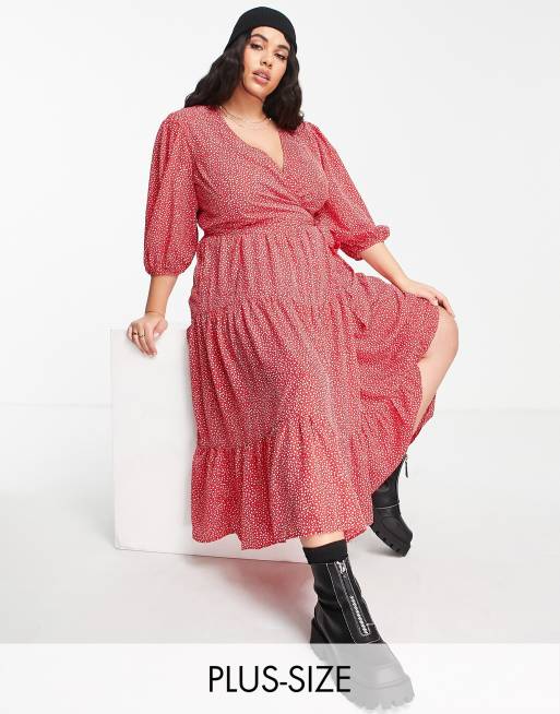 Glamorous Curve - Maxi wikkeljurk met ballonmouwen in fijne rode print