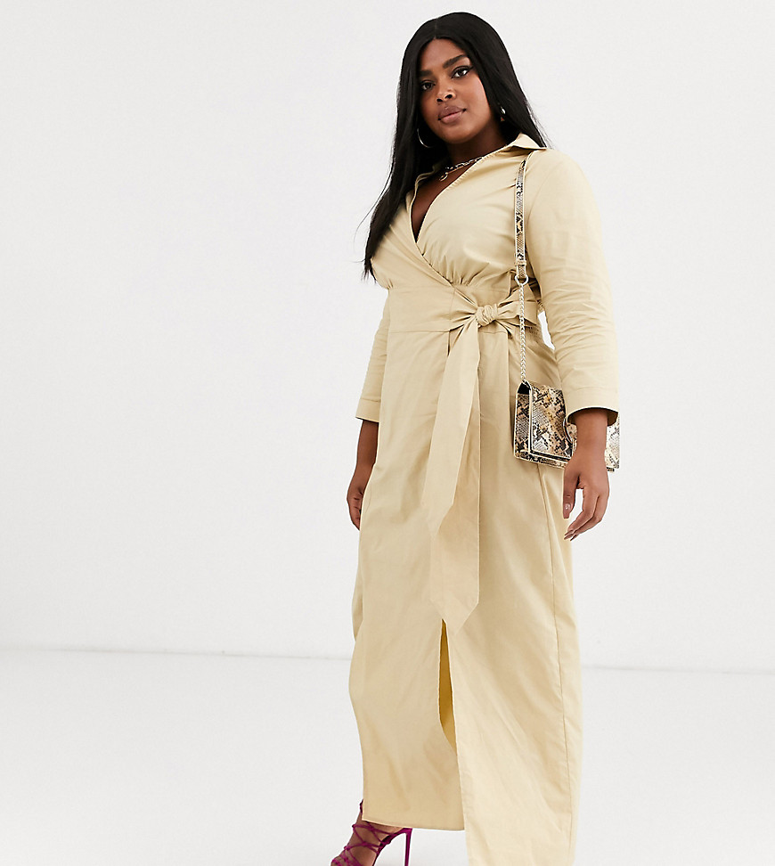 Glamorous Curve maxi wrap dress in textured fabric-Tan