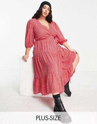 Glamorous Curve maxi wrap dress with balloon sleeves in red ditsy