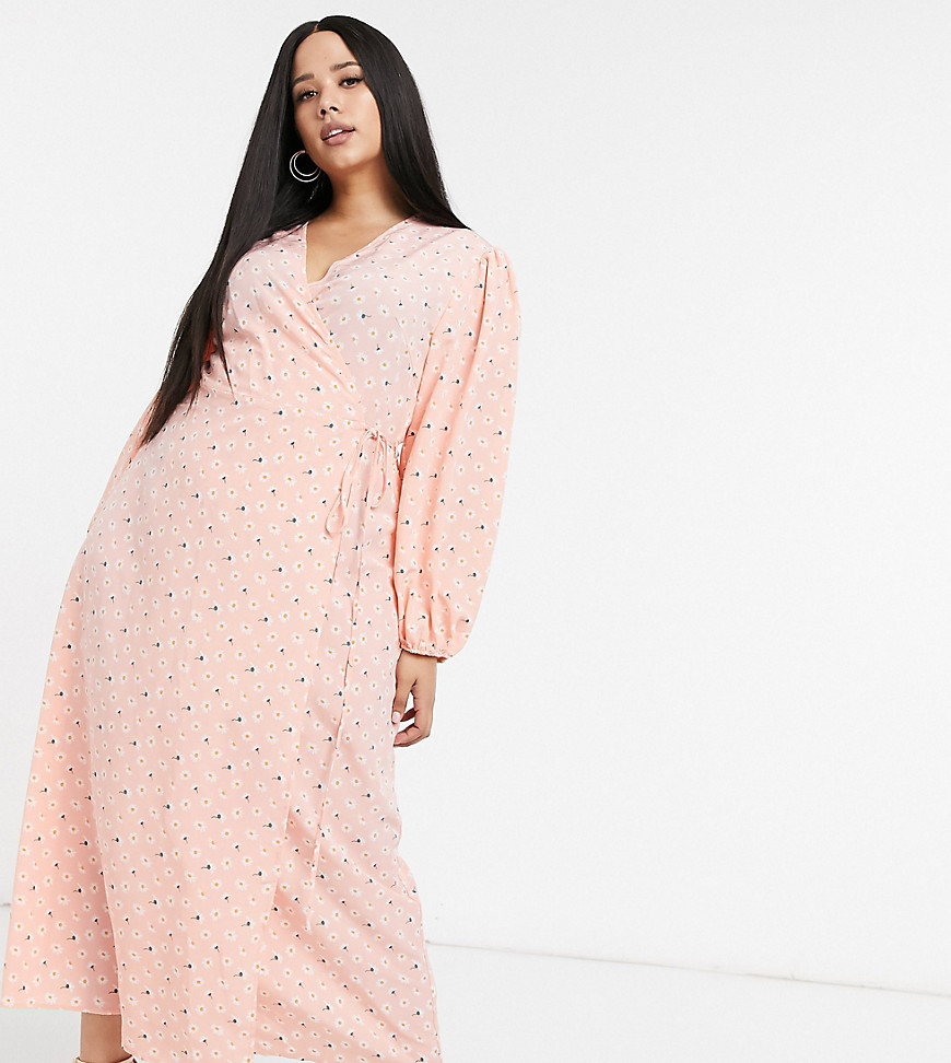 Glamorous Curve maxi wrap dress with volume sleeves in pink vintage ditsy floral