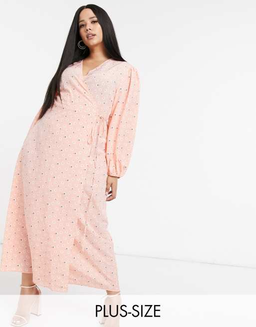 Glamorous Curve maxi wrap dress with volume sleeves in pink