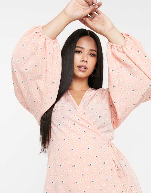 Glamorous Curve maxi wrap dress with volume sleeves in pink