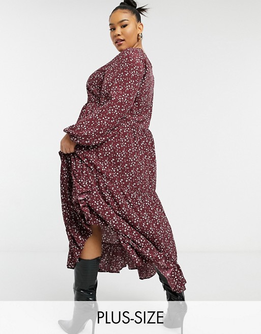 Glamorous Curve maxi wrap smock dress in maroon ditsy floral