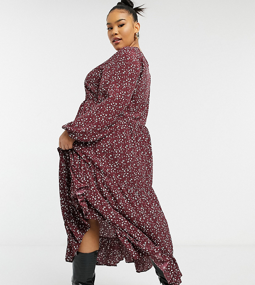 Glamorous Curve maxi wrap smock dress in maroon floral-Red