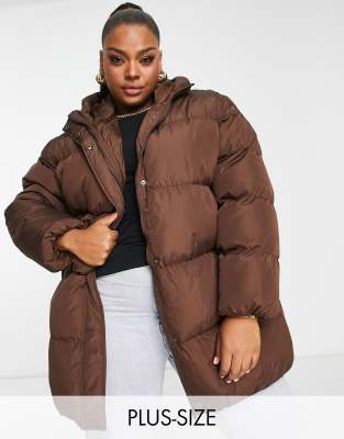 Glamorous Curve mid length hooded puffer coat in brown