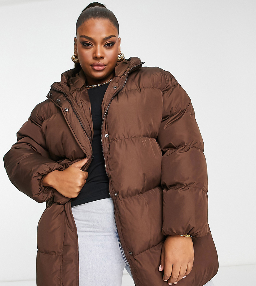 Glamorous Curve mid length hooded puffer coat in brown