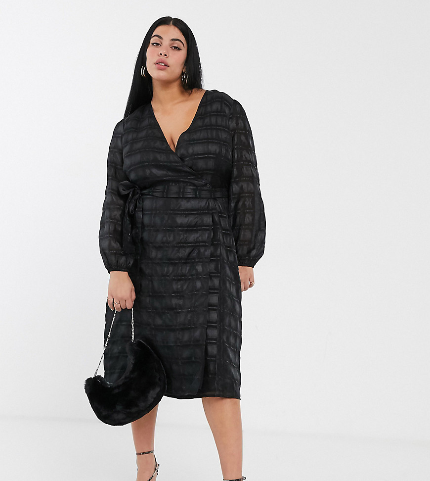 Glamorous Curve midaxi wrap dress with volume sleeves in organza check-Black