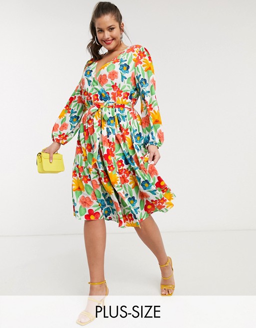 Glamorous Curve midaxi wrap front dress with tiered skirt in bright vintage floral