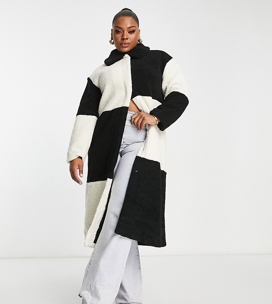 Glamorous Curve midi coat in borg monochrome patchwork-Multi