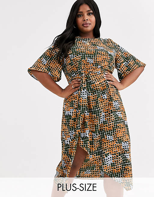 Glamorous Curve midi dress with wrap skirt in geo print