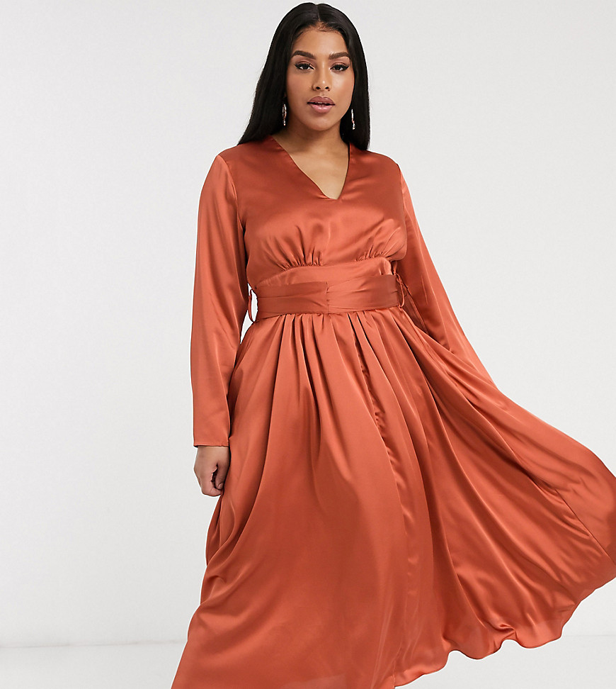 Glamorous Curve - Midi-jurk met diepuitgesneden voorkant in satijn-Oranje