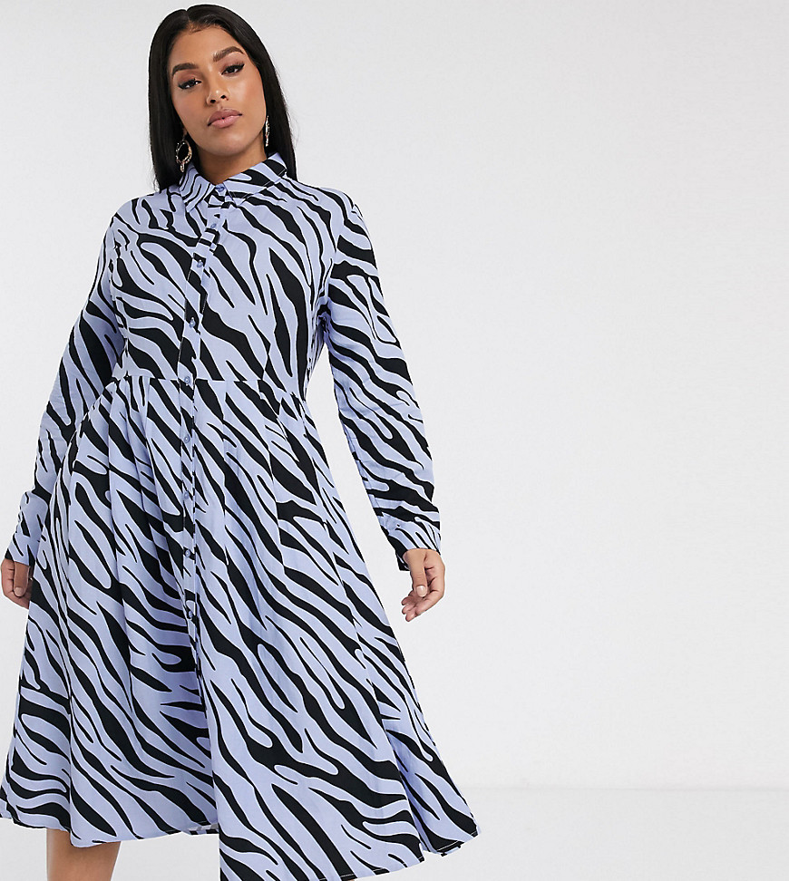 Glamorous Curve - Midi-jurk met geplooide rok in vintage zebra-Blauw