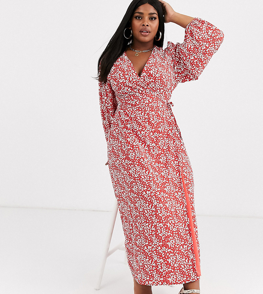 Glamorous Curve - Midi-jurk met overslag in vintage bloemenprint-Rood