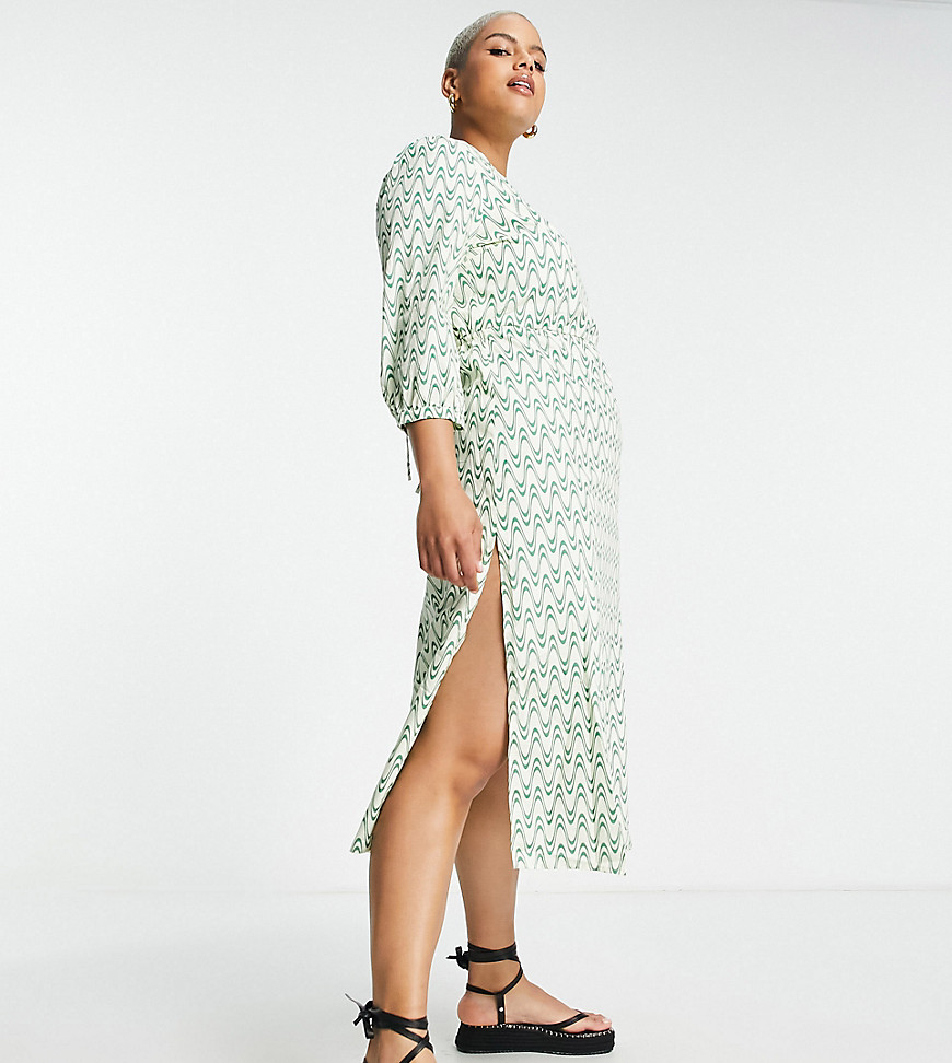 Glamorous Curve midi shift tea dress with tie back in retro wave print-Multi