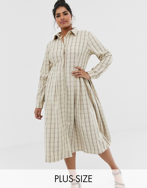 Glamorous Curve midi shirt dress with pleated skirt in check