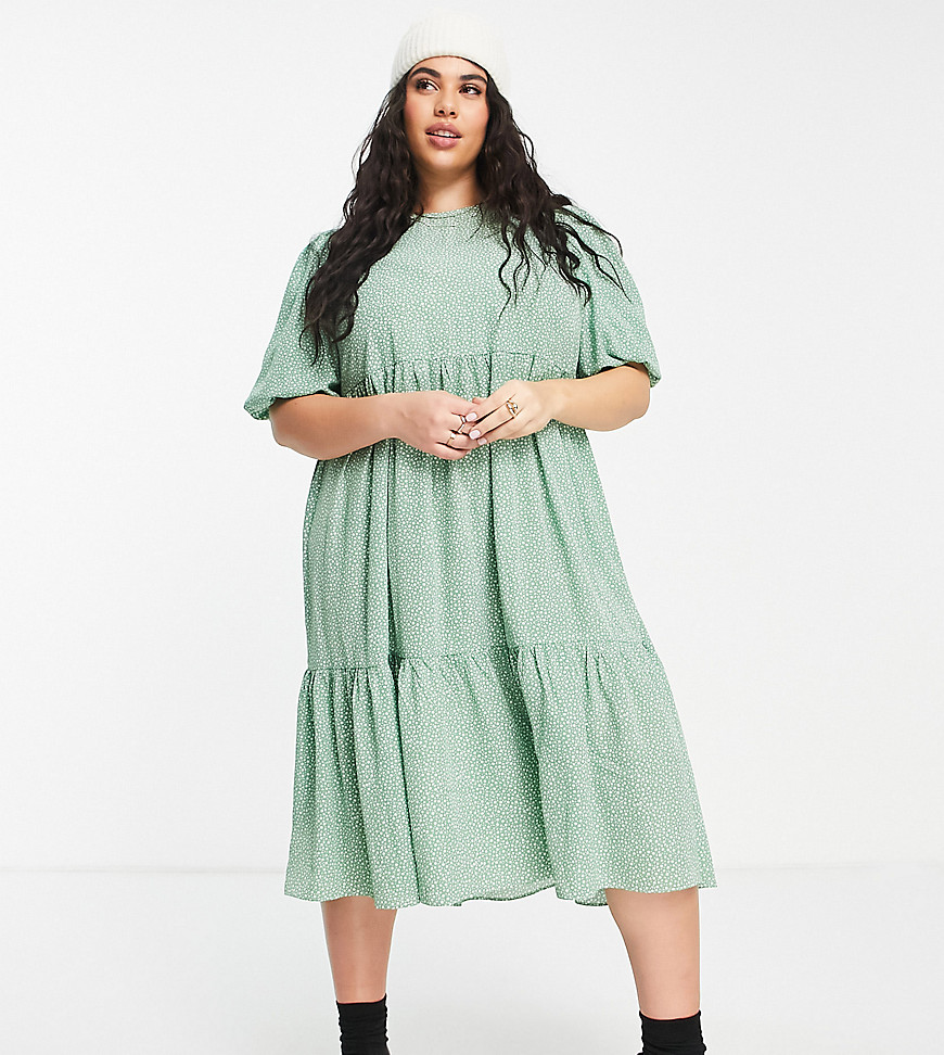 Glamorous Curve Midi Smock Dress With Tie Back In Meadow Ditsy-green
