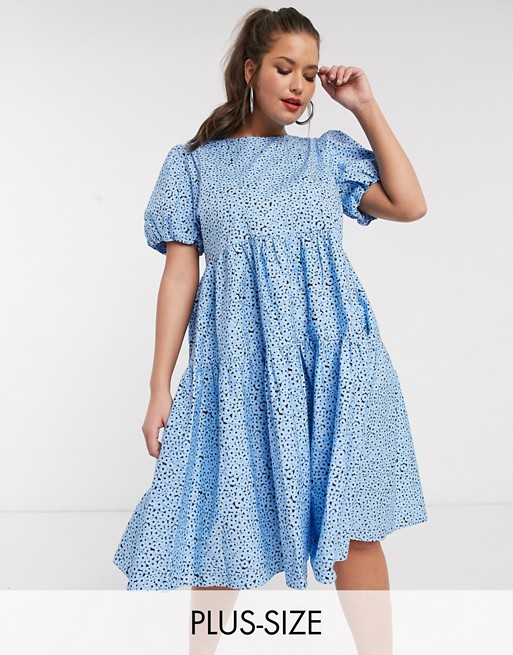 Glamorous Curve midi smock dress with tiered skirt and volume sleeves in floral