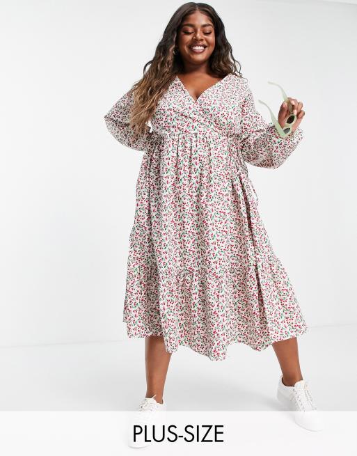 Glamorous Curve - Midi-wikkeljurk met fijne kersenprint