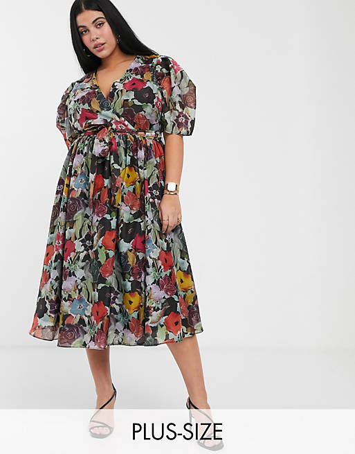 Glamorous Curve midi wrap dress with volume sleeves in vintage Bloom | ASOS