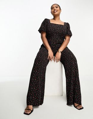 Glamorous Curve milkmaid wide leg jumpsuit with tie back in black rose bud
