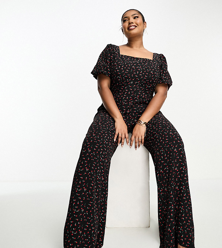 Glamorous Curve milkmaid wide leg jumpsuit with tie back in black rose bud