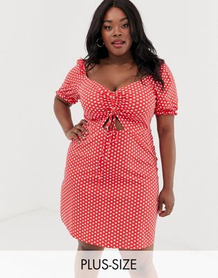 Glamorous Curve - Mini-jurk met gestrikte voorkant, pofmouwen en stippen-Rood
