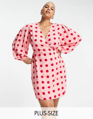 Glamorous Curve mini long sleeve wrap dress in pink red spot