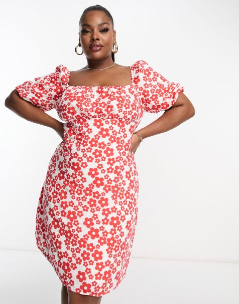 Glamorous Curve - Mini smockjurk met vierkante hals en gestrikte achterkant in rode bloemenprint - view 1