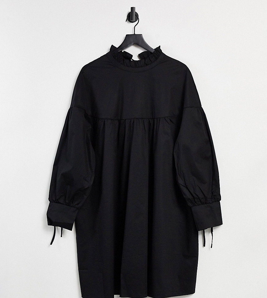 Glamorous Curve mini tiered smock dress with neck tie in black cotton