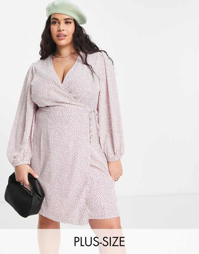 Glamorous Curve mini wrap dress with balloon sleeves in mini ditsy