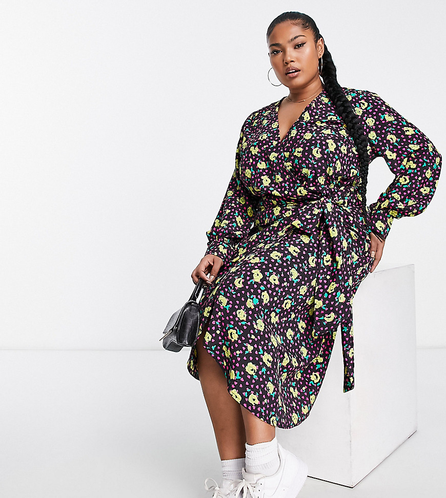 Glamorous Curve Relaxed Oversized Shirt Dress In Monochrome Geo Print-brown In Black