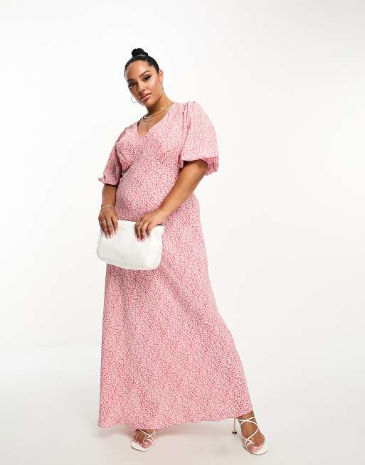 Glamorous Curve - Nette midi jurk met korte mouwen en vintage bloemenprint in roze