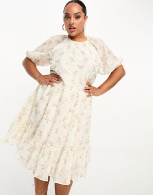 Glamorous Curve off white puff sleeve mini dress with tie back in floral - ASOS Price Checker