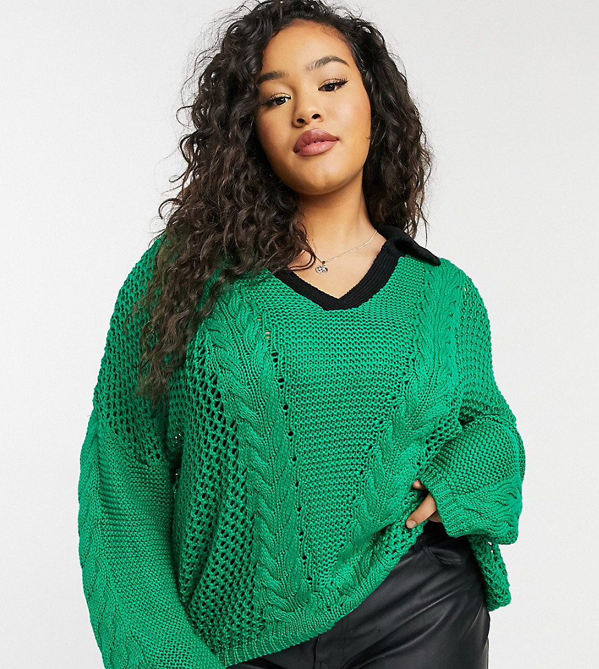 Glamorous Curve oversized knitted jumper in emerald with contrast collar-Green
