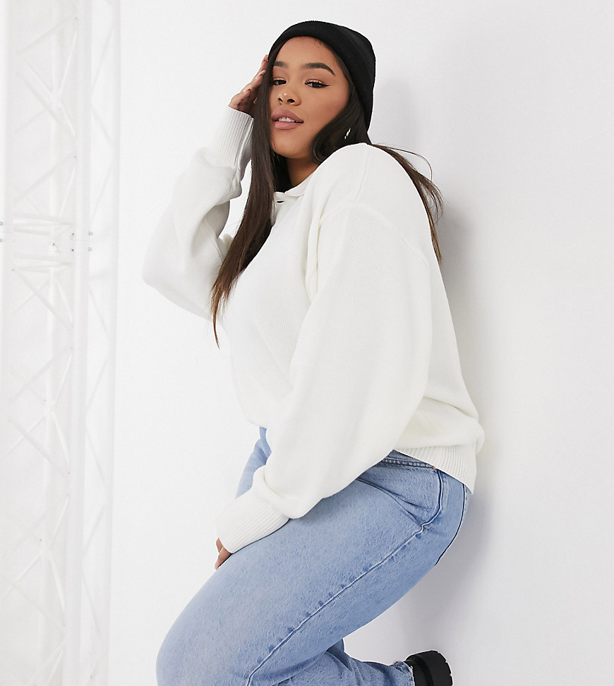 Glamorous Curve oversized polo style jumper with button collar in cream-White
