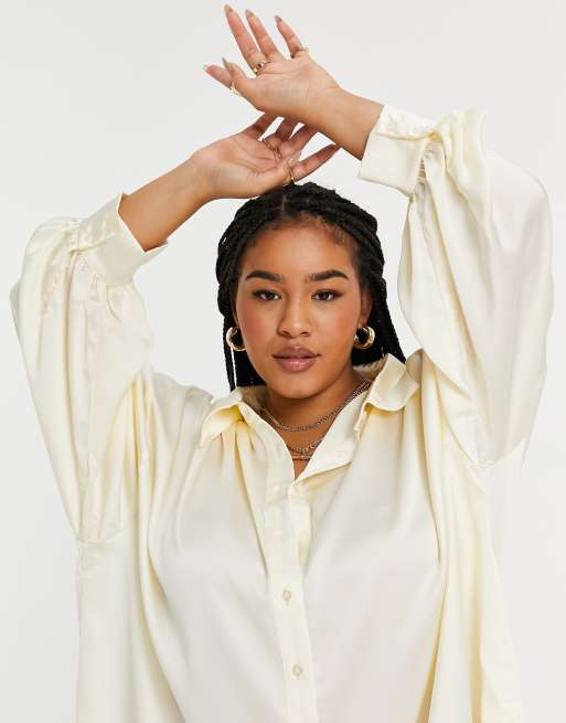 Glamorous Curve oversized shirt dress in cream satin