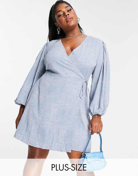 Glamorous Curve puff sleeve wrap dress in blue spot print - view 1