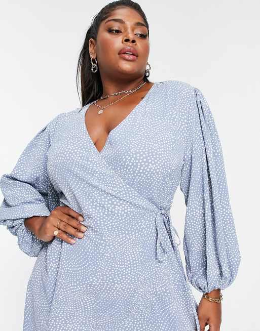 Glamorous Curve puff sleeve wrap dress in blue spot print