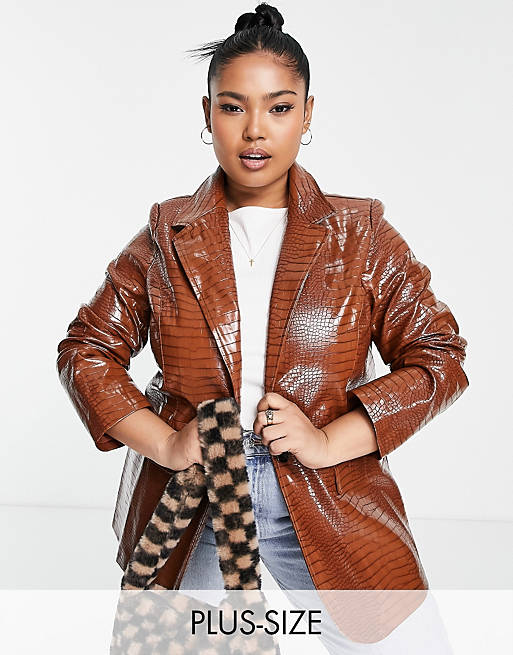 Glamorous Curve relaxed blazer in brown faux croc