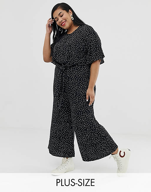 Glamorous Curve relaxed jumpsuit with tie front in spaced polka dot 