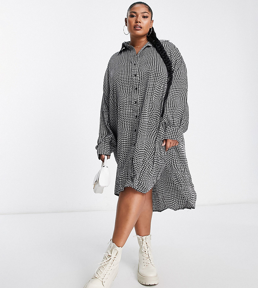 Glamorous Curve relaxed oversized shirt dress in monochrome geo print-Brown