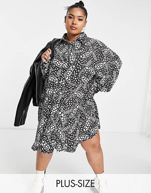 Glamorous Curve relaxed shirt dress in monochrome print
