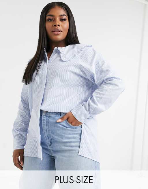 Glamorous Curve relaxed shirt in blue pin stripe with peter pan