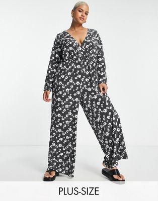 Glamorous Curve relaxed wrap front jumpsuit in monochrome floral