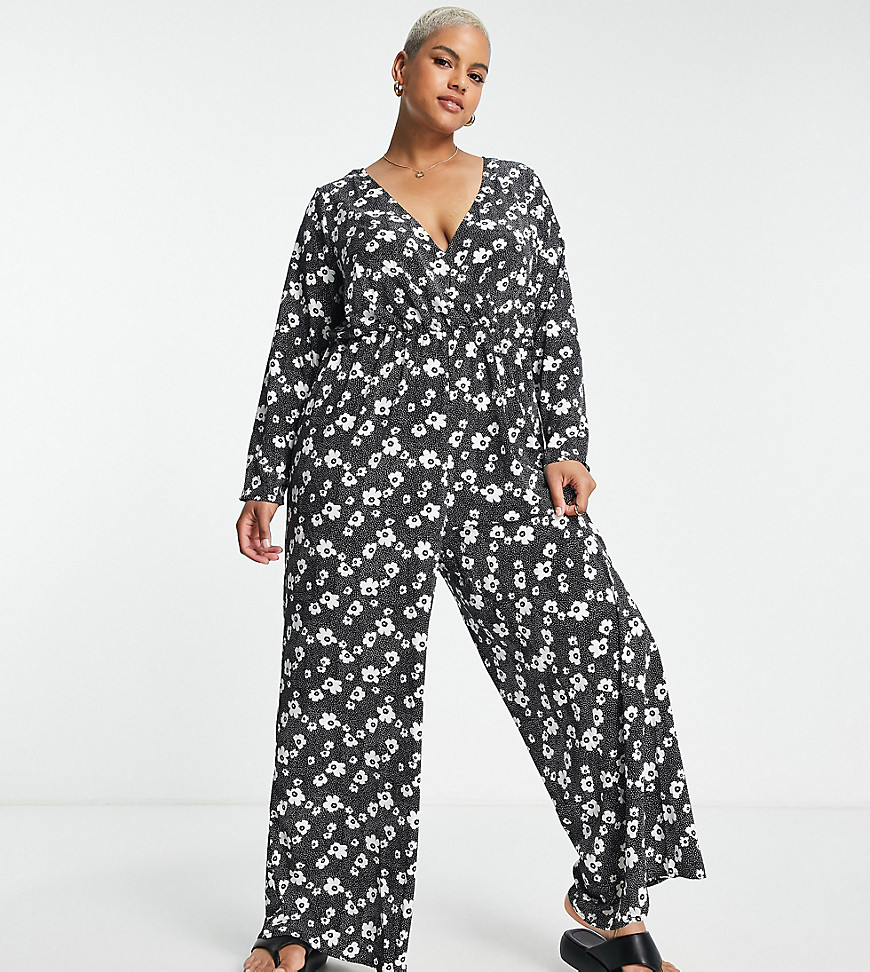 Glamorous Curve relaxed wrap front jumpsuit in monochrome floral-Black