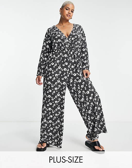 Glamorous Curve relaxed wrap front jumpsuit in monochrome floral
