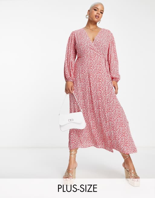 Glamorous Curve - Robe cache-cœur mi-longue à petites fleurs - Rouge