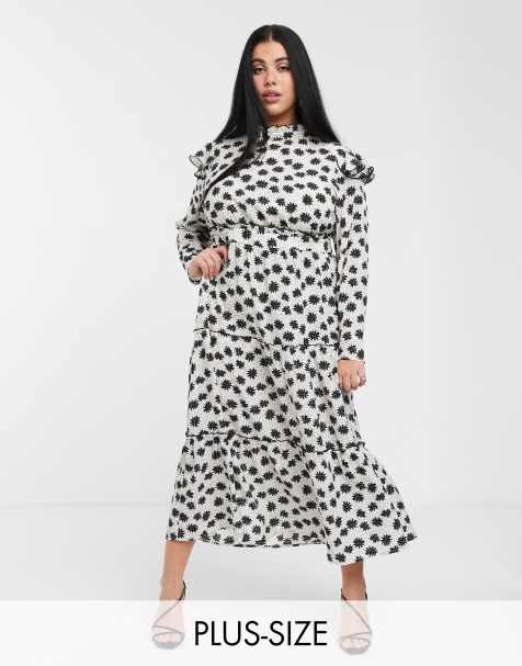 Glamorous Curve - Robe longueur mollet à volants étagés avec manches à volants et imprimé petites fleurs